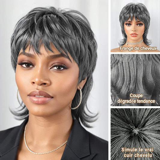 Salt and Pepper Mullet Wig Put on and Go Shaggy Layered Short 80s Pixie Cut Wig with Curly Bangs 100% Human Hair