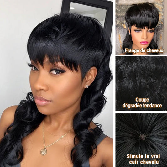Perruque de cheveux humains ondulés coupe lutin sans colle LinktoHair avec frange