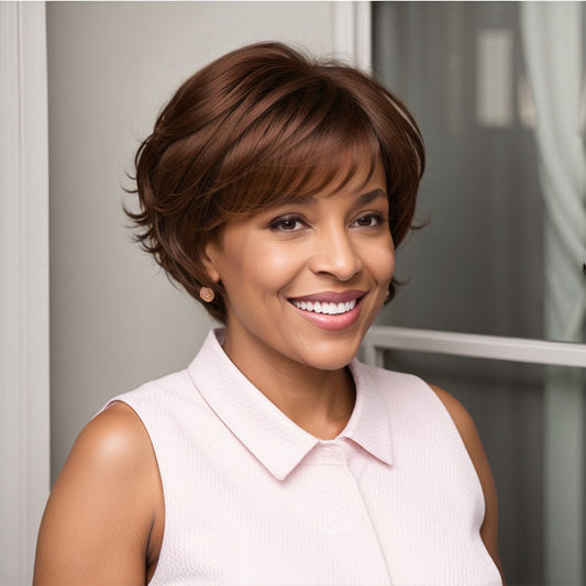 Perruque brune Bob court Cheveux humains ondulés sans colle avec franges