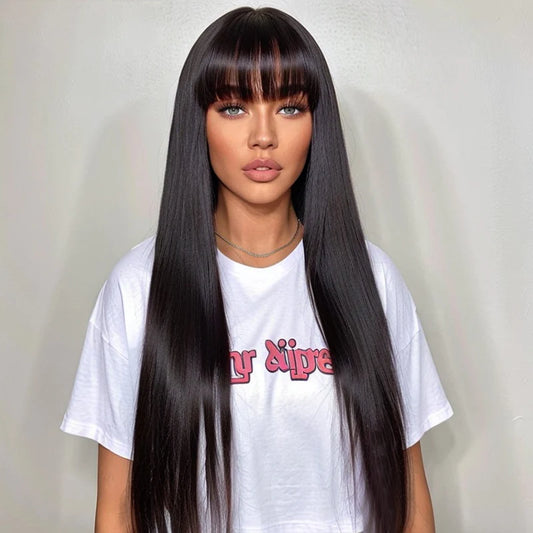 LinktoHair Glueless Natural Black Straight Wig with Bang 100% Human Hair