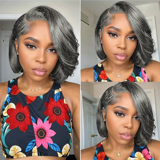 Perruque de cheveux humains ondulés sans colle gris sel et poivre 5x5 HD Lace Front