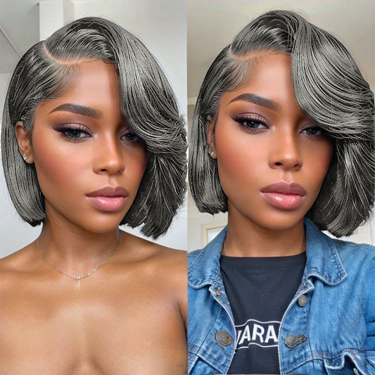 Perruque de cheveux humains ondulés sans colle gris sel et poivre 5x5 HD Lace Front