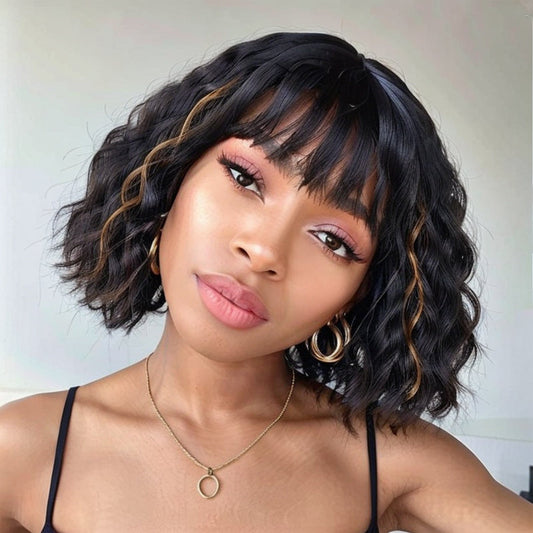 Bob Wigs with Bangs Short Wavy Wig Brown Mixed Black