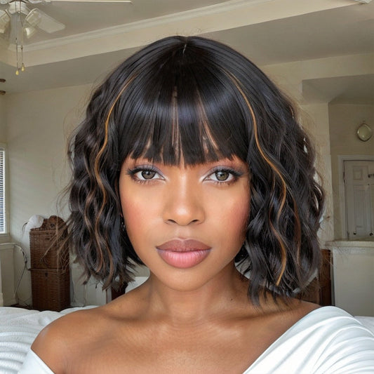 Bob Wigs with Bangs Short Wavy Wig Brown Mixed Black