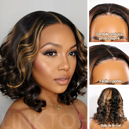 Perruque courte Loose Wave Blonde Mix 5x5 avec fermeture en dentelle HD sans colle et raie latérale