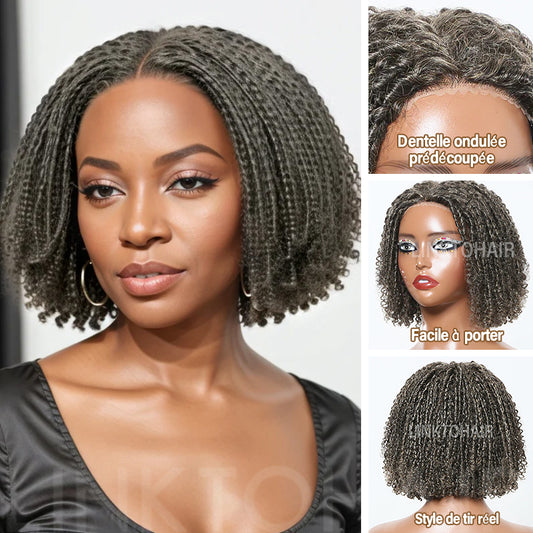 Perruque Bob Sans Colle En Dentelle Avec Fermeture 5x5 Style Dreadlock Sel Et Poivre