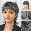 Salt and Pepper Mullet Wig Put on and Go Shaggy Layered Short 80s Pixie Cut Wig with Curly Bangs 100% Human Hair