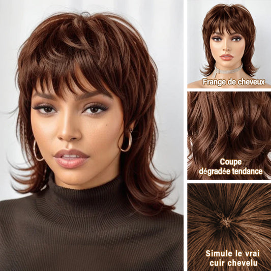 Perruque courte brune hirsute en couches des années 80, coupe Pixie avec frange bouclée