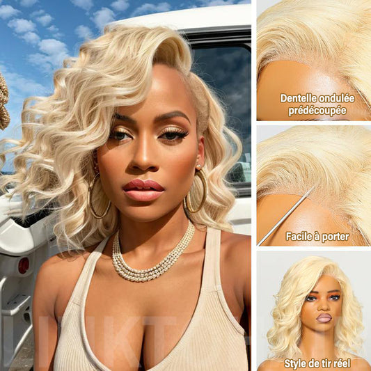 #613 Perruques Bob Lace Front Blonde Perruques Courtes Ondulées en Cheveux Humains