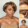 Perruque courte coupe Pixie blonde mélangée brune 5x5 avec fermeture en dentelle sans colle et raie latérale