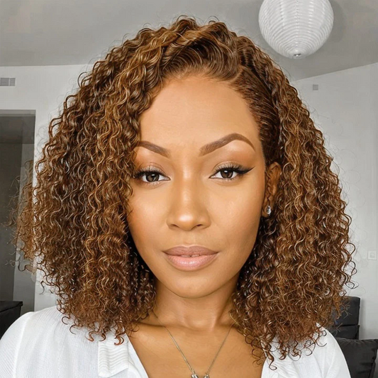 13x4 Bob HD Lace Frontal Wig Deep curly Trendy Blend Color Brown Human Hair