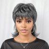 Salt and Pepper Mullet Wig Put on and Go Shaggy Layered Short 80s Pixie Cut Wig with Curly Bangs 100% Human Hair