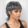 Salt and Pepper Mullet Wig Put on and Go Shaggy Layered Short 80s Pixie Cut Wig with Curly Bangs 100% Human Hair