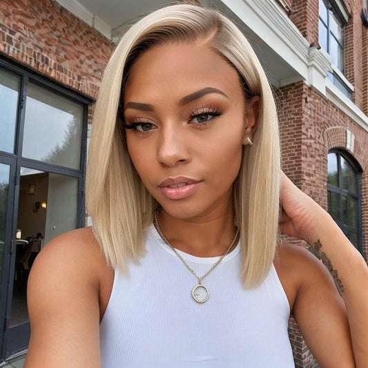 #4/613 Blonde Bob Wigs with Dark Brown Roots, Bob Wigs with Ombre Lace Closure