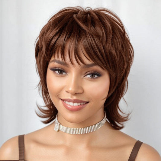 Perruque courte brune hirsute en couches des années 80, coupe Pixie avec frange bouclée