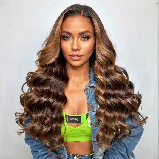 5x5Perruque Sans Colle Loose Wave Couleur Mélangé #4/27 Bouclé Cheveux Humains