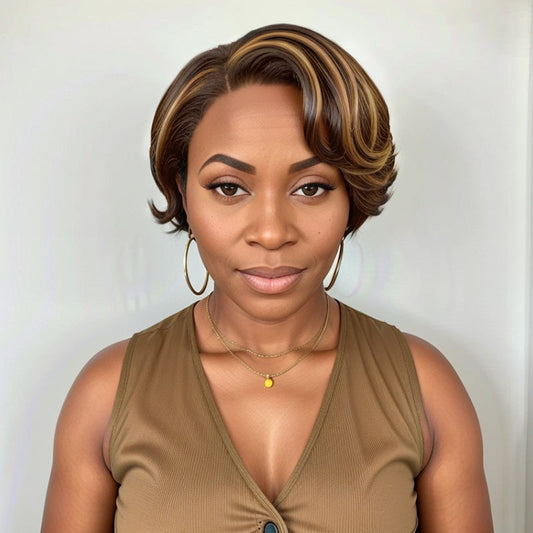 Perruque courte coupe Pixie blonde mélangée brune 5x5 avec fermeture en dentelle sans colle et raie latérale
