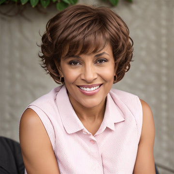 Perruque brune Bob court Cheveux humains ondulés sans colle avec franges