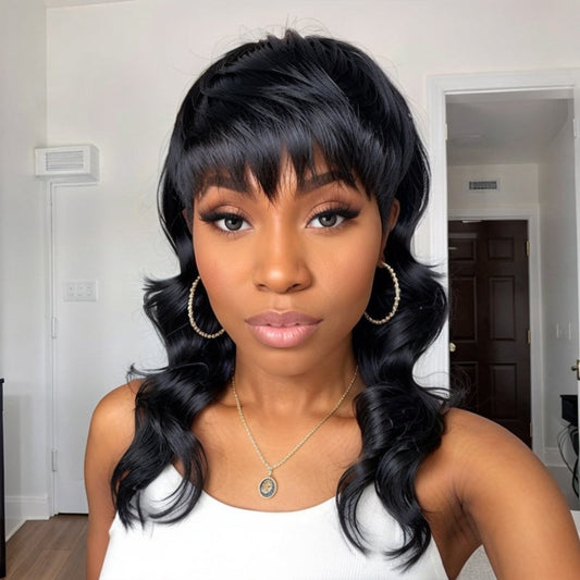 Perruque de cheveux humains ondulés coupe lutin sans colle LinktoHair avec frange