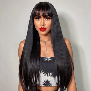 LinktoHair Glueless Natural Black Straight Wig with Bang 100% Human Hair