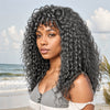 Salt And Pepper / Cheveux Longs Noirs Vague Profonde Avec Frange Bouclée Perruques De Cheveux Prêtes À Partir