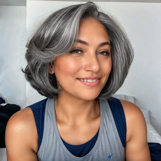 Perruque en dentelle sans colle style Bob avec raie latérale poivre et sel 5x5