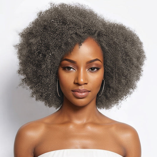 Conception Vintage | Perruque Sans Colle Rebondissante Afro Curl Avec Raie Latérale Sel Et Poivre