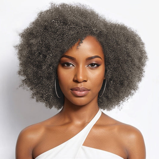 Conception Vintage | Perruque Sans Colle Rebondissante Afro Curl Avec Raie Latérale Sel Et Poivre