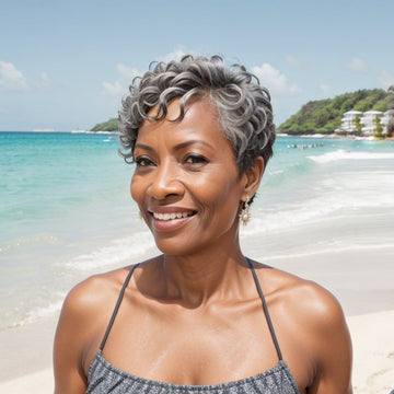 Perruque courte en cheveux humains sans colle coupe Pixie poivre et sel avec frange