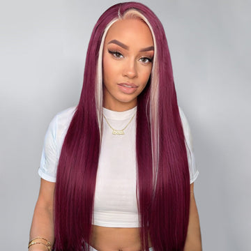 Skunk Stripe 5*5 Lace Front Wig #613/99J, Burgundy Highlights Straight Wigs