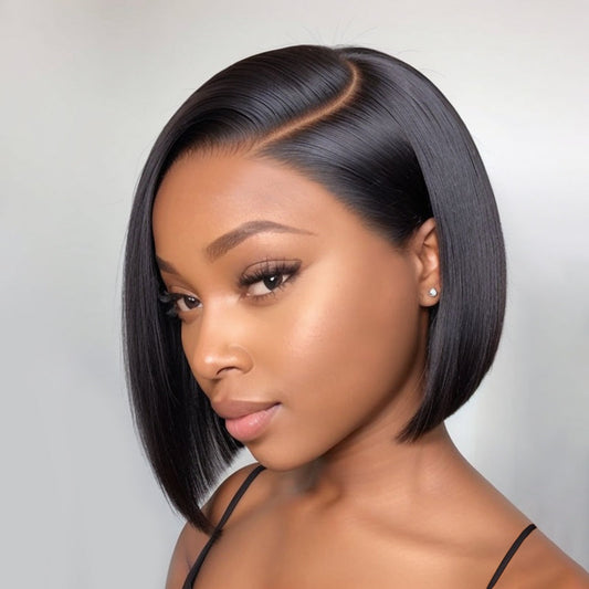 Adapté Aux Débutants | Perruque 100% Cheveux Humains Lisses Sans Colle Coupe Émoussée Bob Lace C Part