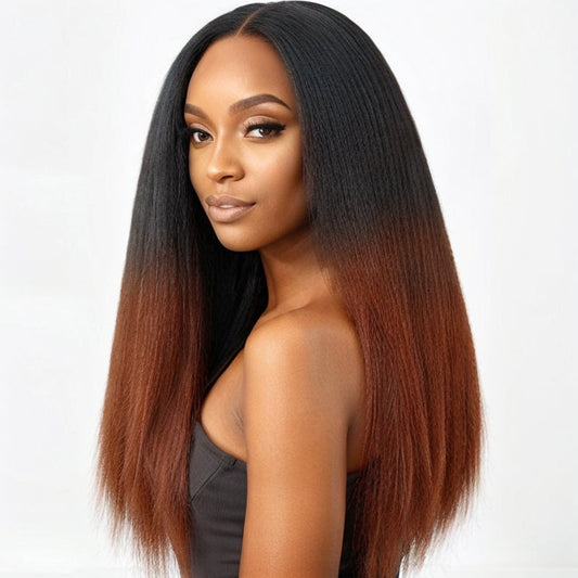 Noir à Ombre Brown Kinky Straight | Perruque en dentelle indétectable sans colle 5x5